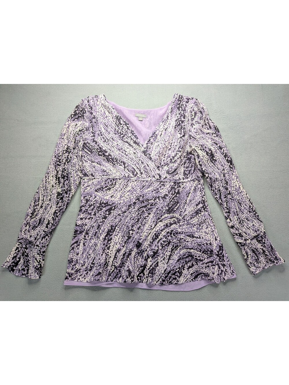 Ann Taylor Blouse Womens 10 Purple Floral Chiffon V Neck Bell Sleeve Tunic Top